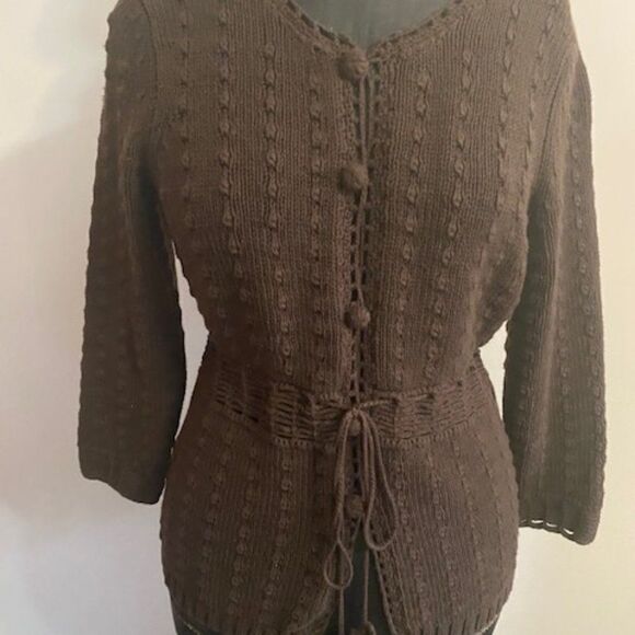 Ann Taylor Loft Brown BOHO crochet cardigan with pom pom tie, size M - Picture 1 of 3